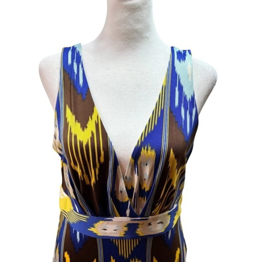 Tory Burch Silk Ikat Print V-Neck  Midi‎ Dress Blue Yellow Brown Size M #927